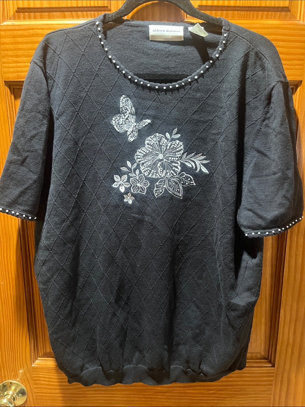 Alfred Dunner Black Short-Sleeve Top with White Floral & Butterfly Embroidery